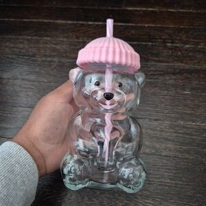 Cute Bear Shaped Glass Clear Cup with Pink Straw